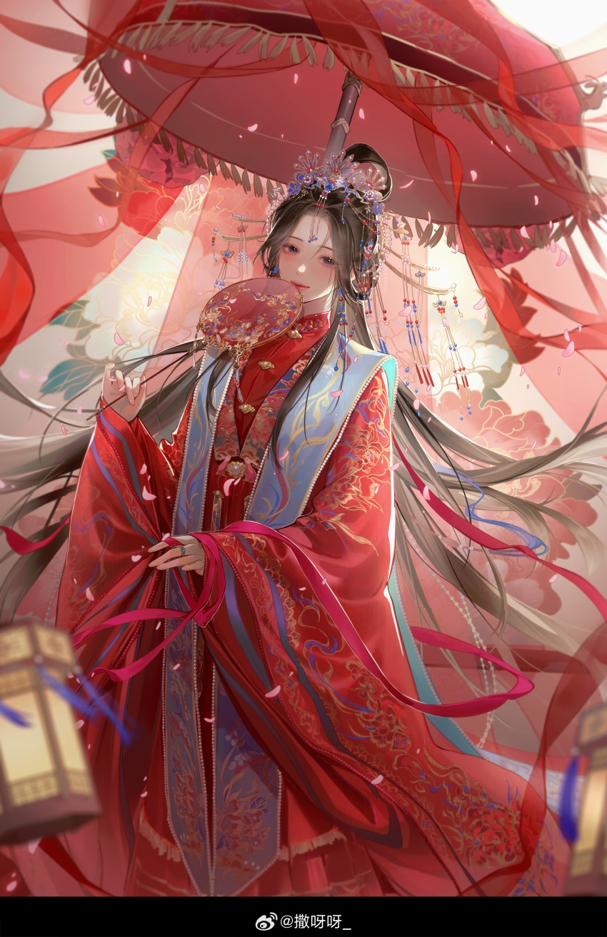 1girl, absurdres, beizi_(clothing), black_border, black_hair, blue_gem, blue_scarf, blurry