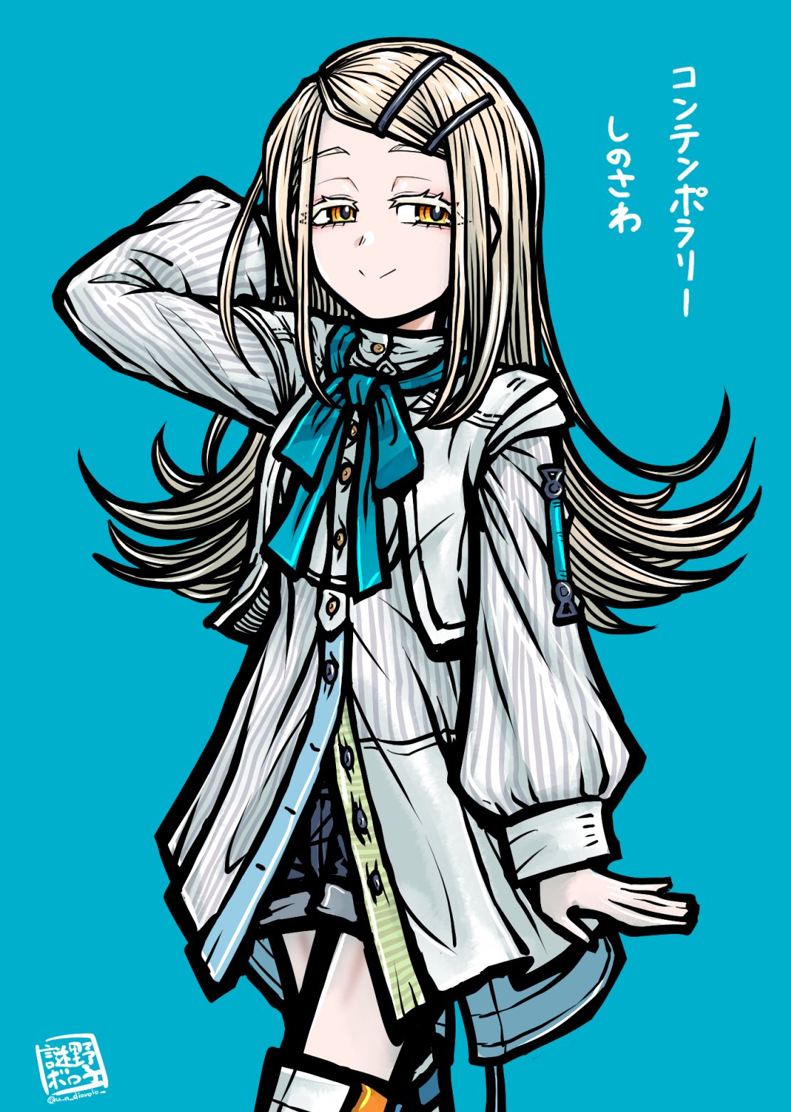 1girl, blonde_hair, blue_background, gakuen_idolmaster, highres, idolmaster, jacket, long_hair
