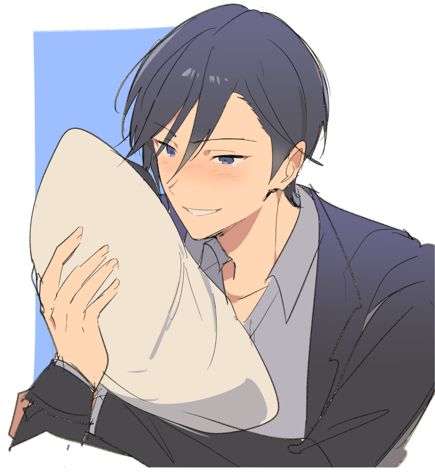 1boy, black_hair, black_jacket, blue_eyes, cropped_torso, ensemble_stars!, grey_shirt, hair_between_eyes