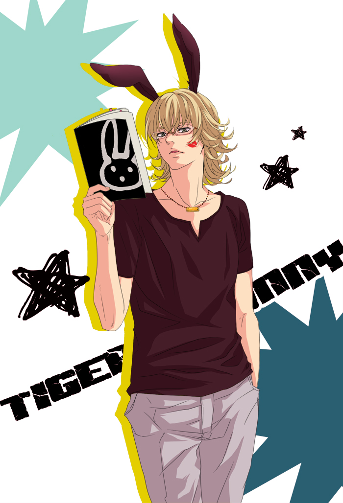 animal_ears, barnaby_brooks_jr, blonde_hair, book, bunny_ears, dark_persona, glasses, green_eyes, hand_in_pocket, jewelry, kemonomimi_mode, lipstick_mark, male, necklace, solo, tiger_&amp;_bunny, toujours_ensemble_chien