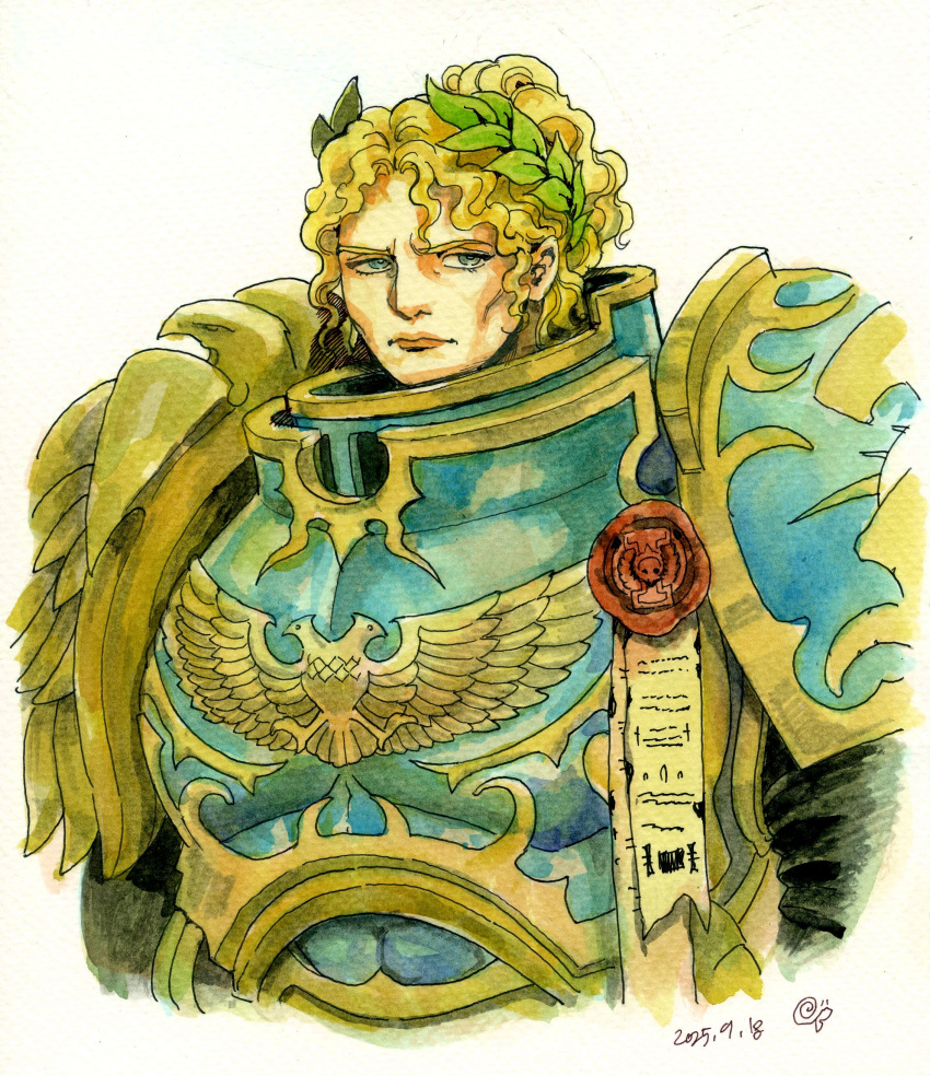 1girl, absurdres, armor, blonde_hair, blue_eyes, closed_mouth, curly_hair, dated, double-headed_eagle, furrowed_brow, genderswap, genderswap_(mtf), gold_armor, hair_bun, hair_ornament, highres, light_frown, looking_to_the_side, olive_branch, painting_(medium), pen_(medium), poligon_sticker, portrait, power_armor, primarch, purity_seal, roboute_guilliman, short_hair, signature, simple_background, solo, solo_focus, traditional_media, ultramarines, warhammer_40k, watercolor_(medium), white_background