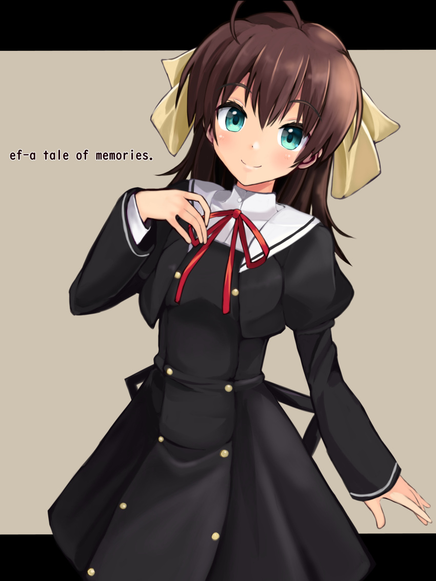 1girl, ahoge, black_dress, bow, brown_hair, closed_mouth, commentary_request, copyright_name
