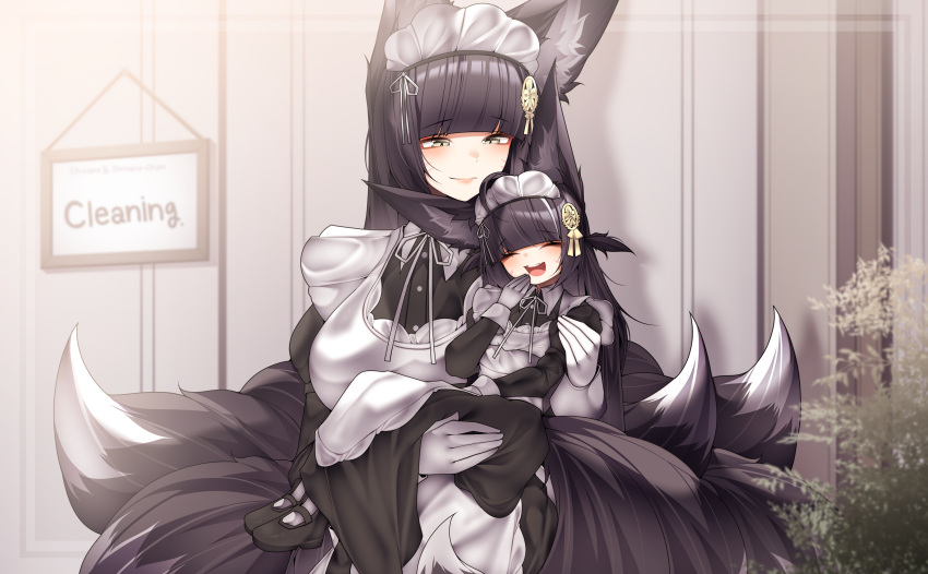 2girls, :d, absurdres, alternate_costume, animal_ears, apron, azur_lane, black_hair, breasts, carrying, closed_mouth, commentary, dated_commentary, fox_ears, fox_girl, fox_tail, gloves, highres, kitsune, large_breasts, long_hair, maid, maid_apron, maid_headdress, multiple_girls, multiple_tails, musashi-chan_(azur_lane), musashi_(azur_lane), open_mouth, samip, smile, tail, white_gloves, yellow_eyes