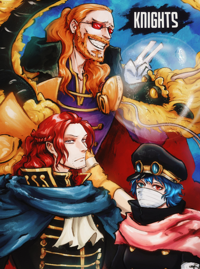 1girl, 3boys, absurdres, album-aurum, ascot, beard, black_jacket, blue_cape