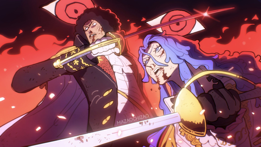 1boy, 1girl, afro, ascot, black_gloves, black_hair, black_jacket, blood, blood_on_face, blue_eyes, blue_hair, brook_(one_piece), candel_(one_piece), cape, commentary, disembodied_eye, epaulettes, fire, gloves, highres, holding, holding_sword, holding_weapon, jacket, long_hair, mazaochizao, military_jacket, nerona_imu, one_piece, shirt, short_hair, sword, weapon, white_ascot, white_cape, white_gloves, white_jacket, white_shirt