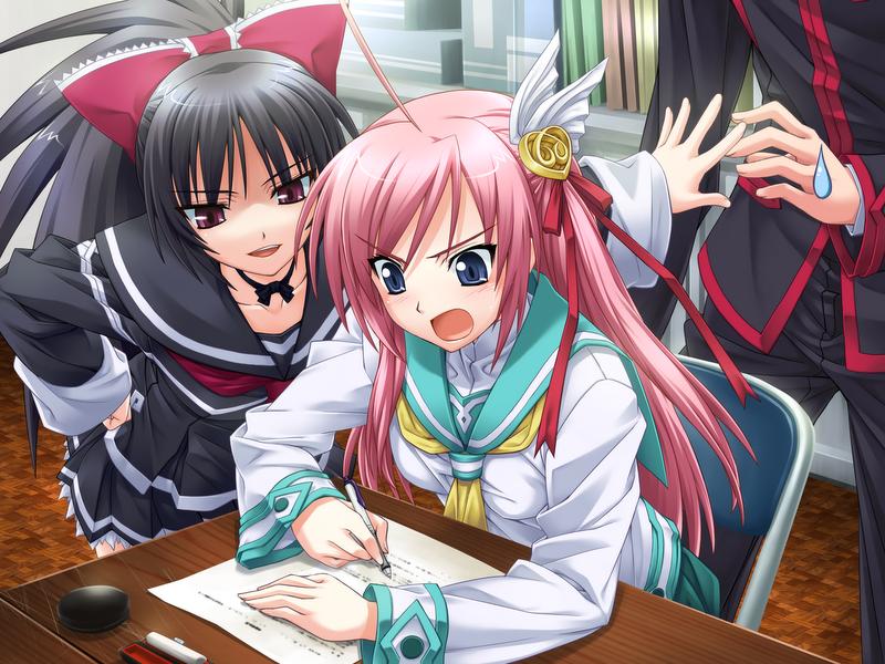 1boy, 2girls, black_hair, blue_eyes, bow, desk, game_asset, hair_bow