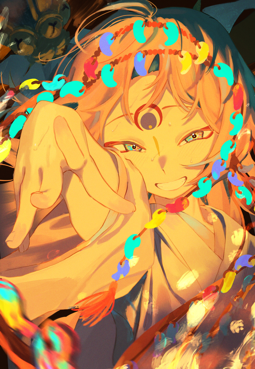 1girl, absurdres, bell, blue_eyes, blush, commentary_request, facial_mark, forehead_mark