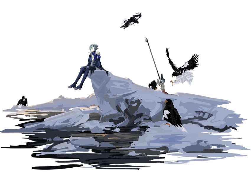 1boy, ^_^, ahoge, armor, belt, belt_collar, bird, black_belt