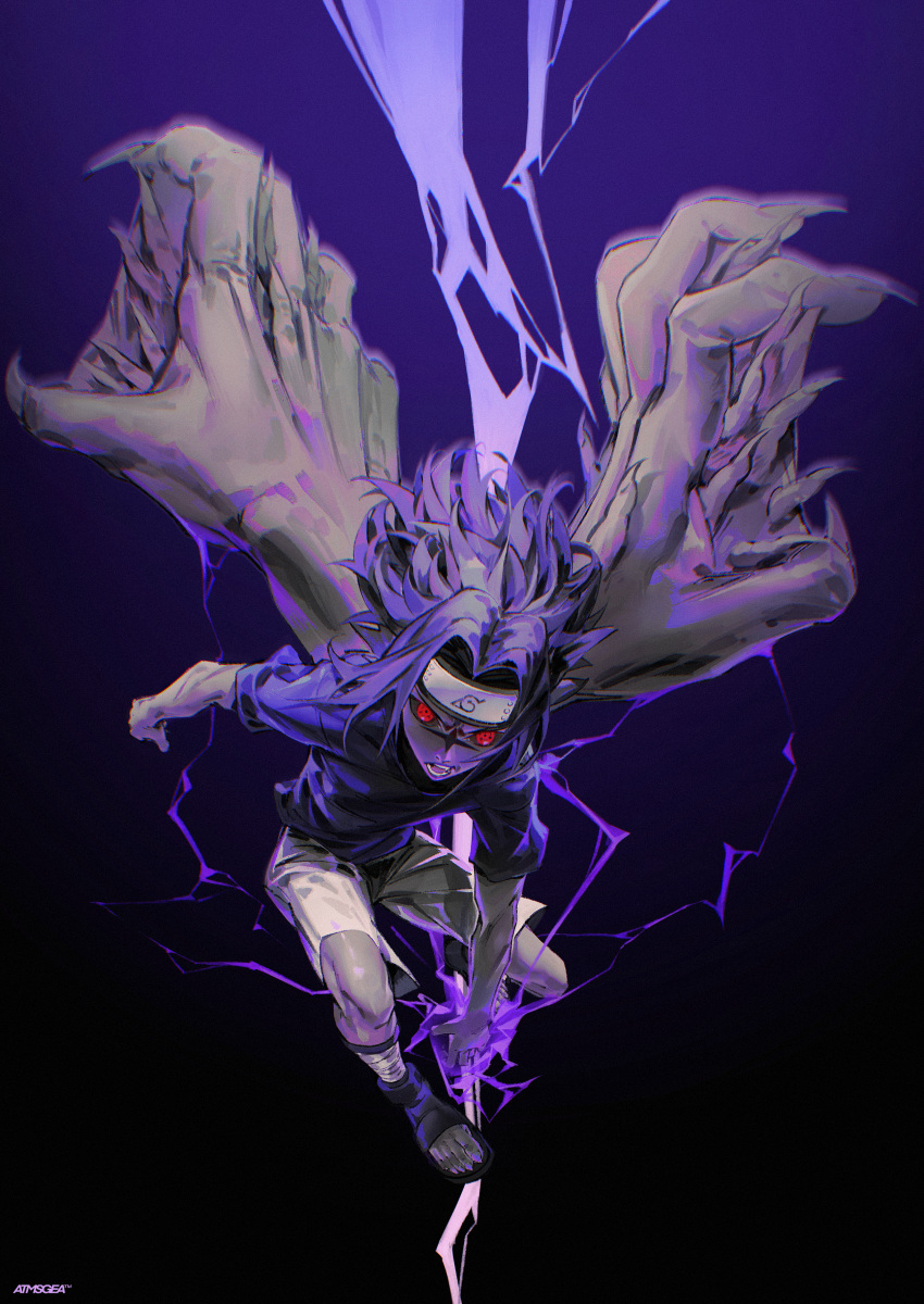 1boy, absurdres, artist_name, atmosgear, bandaged_leg, bandages, black_hair, blue_background