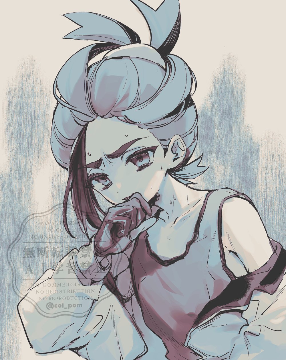 1boy, coi_pom, gloves, greyscale, highres, jacket, kieran_(pokemon), long_sleeves