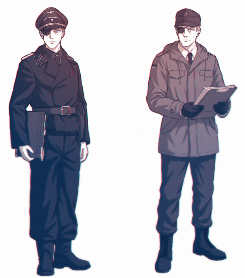 1boy, :|, age_comparison, belt, blue_eyes, boots, breast_pocket, bundeswehr
