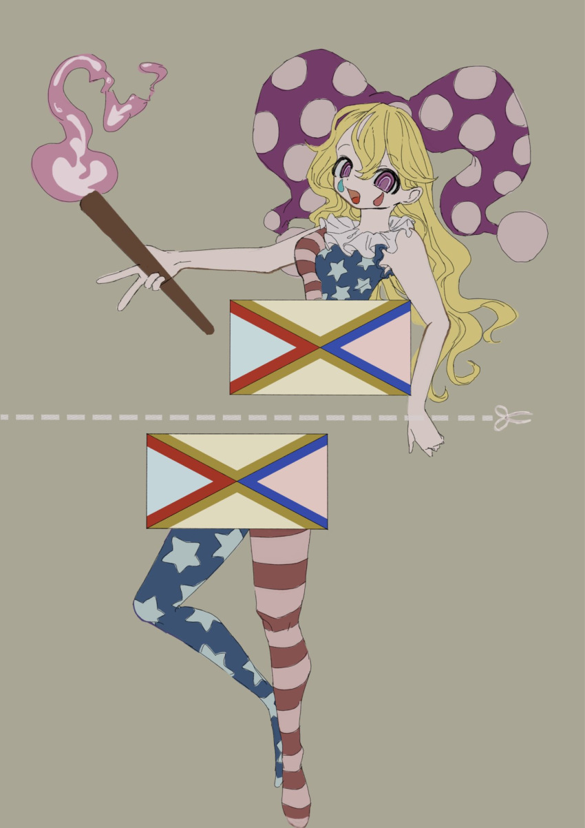 1girl, adapted_costume, american_flag, american_flag_dress, american_flag_print, asymmetrical_pantyhose, bisected, blonde_hair