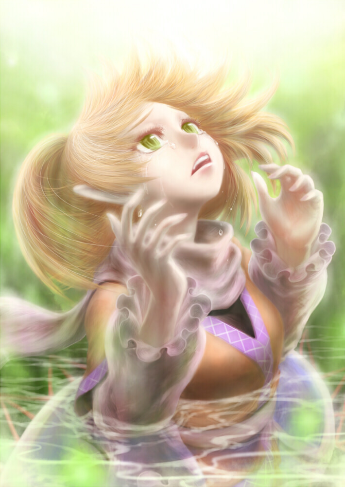 arm_warmers, bad_id, blonde_hair, eyelashes, green_eyes, long_sleeves, looking_up, madenka