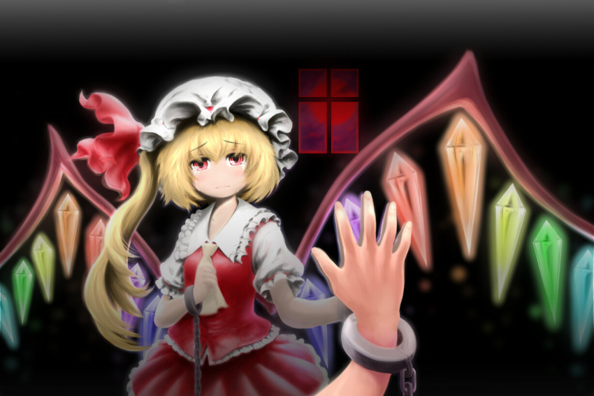ascot, bad_id, blonde_hair, chain, chains, cuffs, flandre_scarlet, full_moon