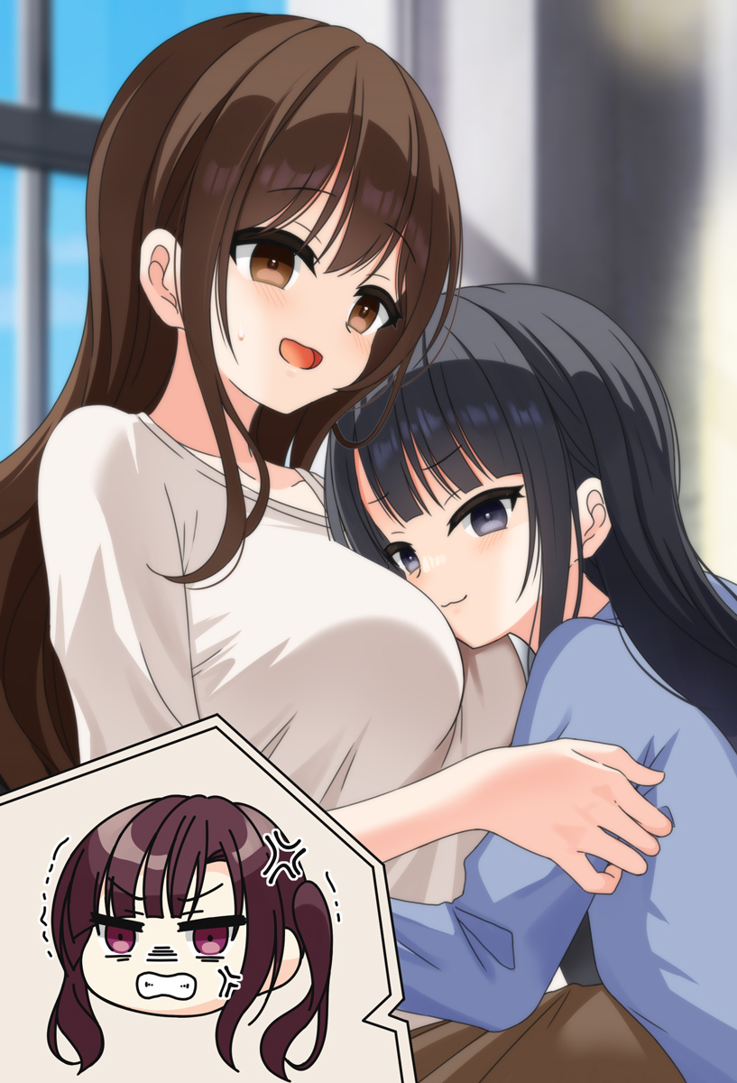 3girls, age_difference, anger_vein, angry, black_eyes, black_hair, blue_shirt, blunt_bangs