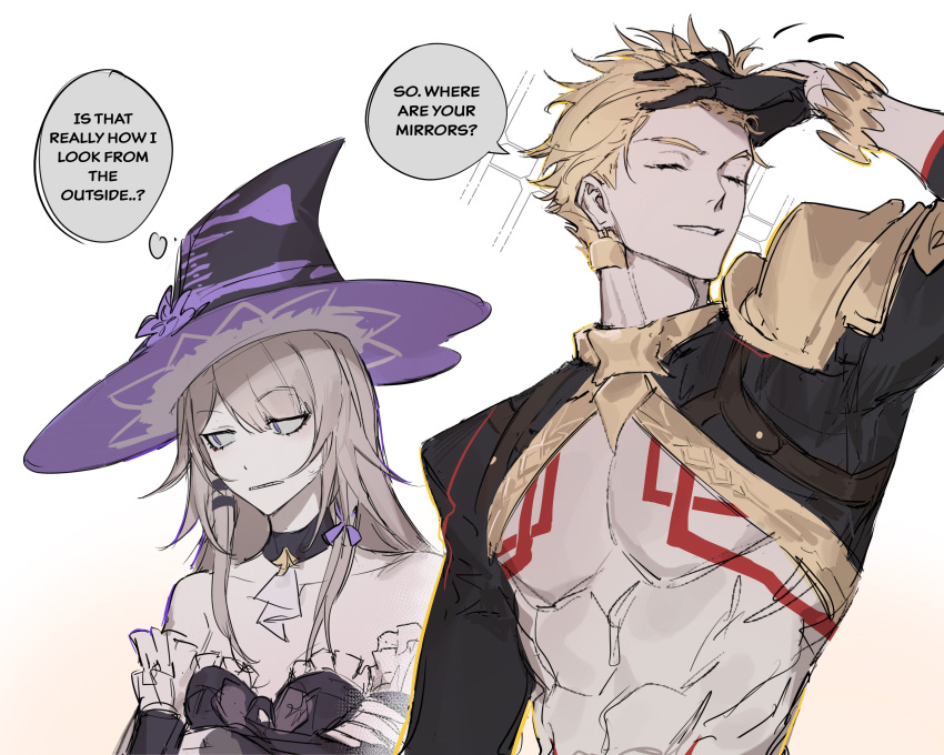 1boy, 1girl, 1nuyaki, abs, absurdres, annoyed, black_dress, black_hat
