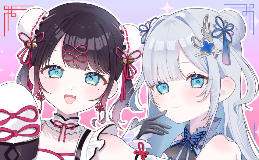 2girls, aqua_eyes, bare_shoulders, black_gloves, brown_hair, butterfly_ornament, chinese_knot, commentary_request