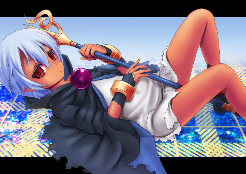 1girl, bangle, blue_hair, bracelet, cape, closed_mouth, commentary_request, dark-skinned_female