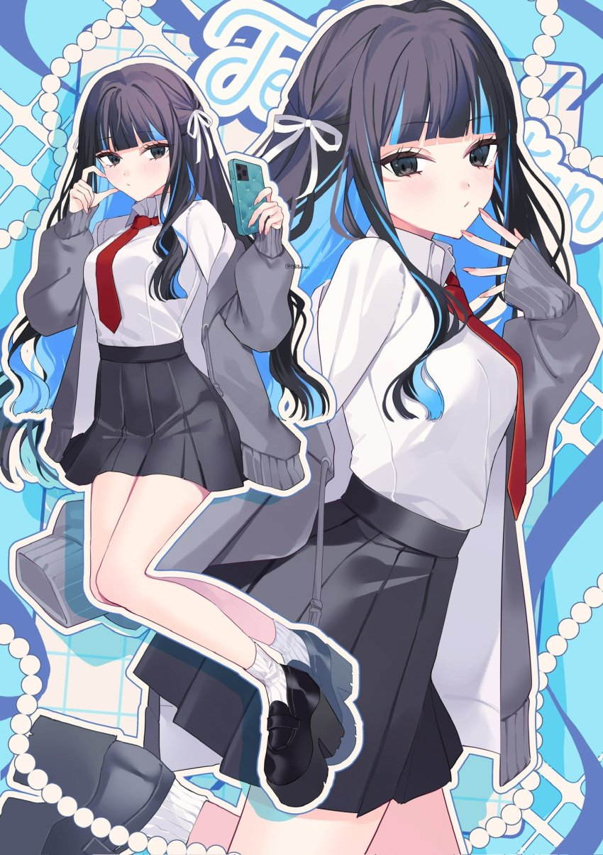 1388chan, 1girl, alternate_costume, black_hair, blue_hair, collared_shirt, colored_inner_hair, commentary_request