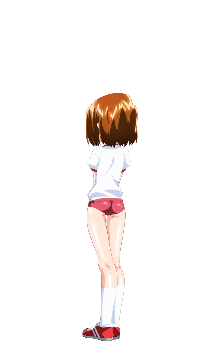 1girl, ass, bob_cut, brown_hair, buruma, from_behind, full_body, game_asset
