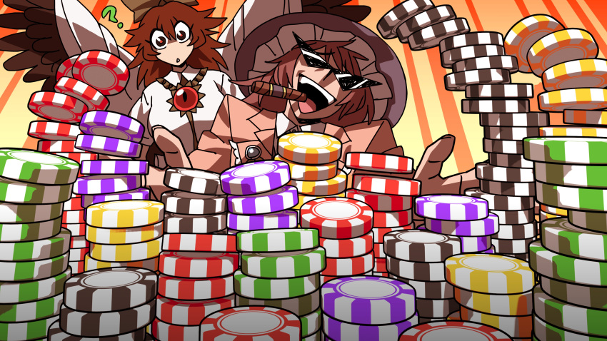 2girls, ?, absurdres, bird_wings, black_eyes, black_wings, brown_hair, brown_jacket, cape, chest_eye, cigar, commentary, eddybird55555, english_commentary, gensokyo_odyssey, hat, highres, jacket, kakkoi_elbertson, long_hair, looking_at_viewer, multiple_girls, open_mouth, poker_chip, red_pupils, reiuji_utsuho, second-party_source, sunglasses, third_eye, touhou, triangular_eyewear, white_cape, wings