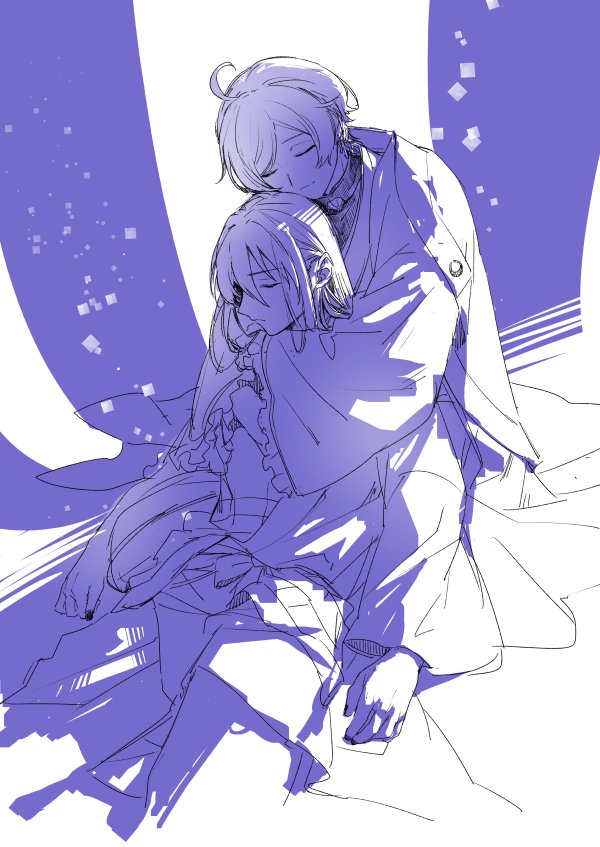2boys, ahoge, arms_around_neck, black_nails, closed_eyes, closed_mouth, commentary_request, coral_earrings