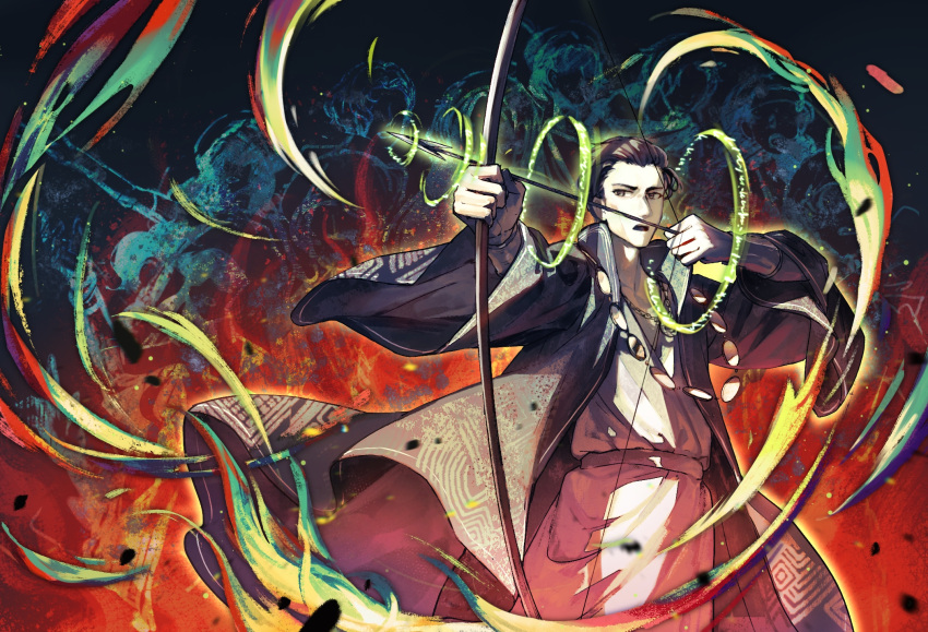 arrow_(projectile), bow_(weapon), cheekbones, drawing_bow, energy, glowing, high_collar, highres, holding, holding_arrow, holding_bow_(weapon), holding_weapon, long_coat, magic, nawfal_(sultan's_game), patterned_clothing, popped_collar, ryuh_(asahina_neru), sash, side_part, solo, stab, sultan's_game, waist_sash, weapon