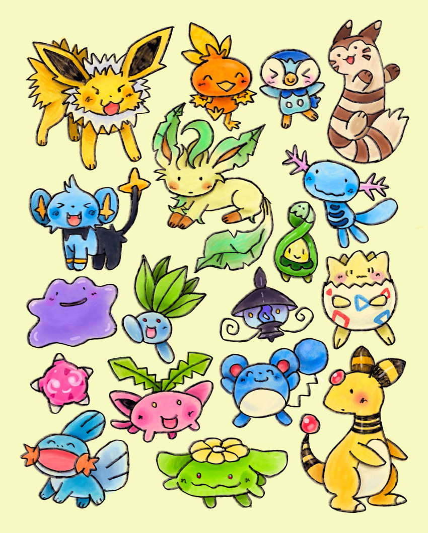 ampharos, budew, closed_eyes, ditto, fangs, furret, highres, hoppip
