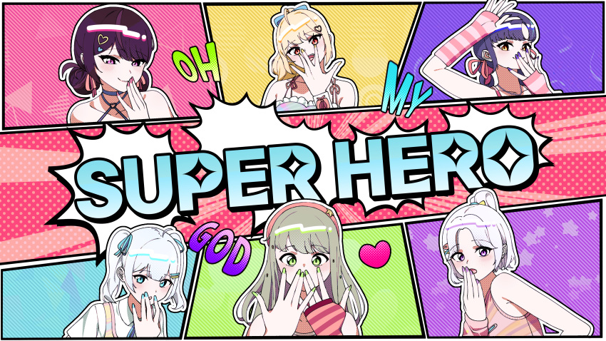 6+girls, absurdres, arm_warmers, blonde_hair, blue_bow, blue_eyes, blue_hair, blue_nails