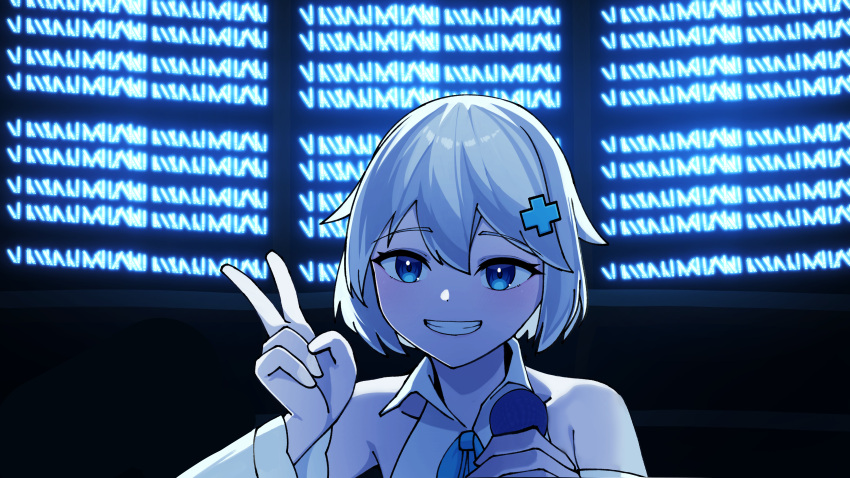 1girl, absurdres, bare_shoulders, blue_eyes, blue_ribbon, collared_shirt, commentary, concert