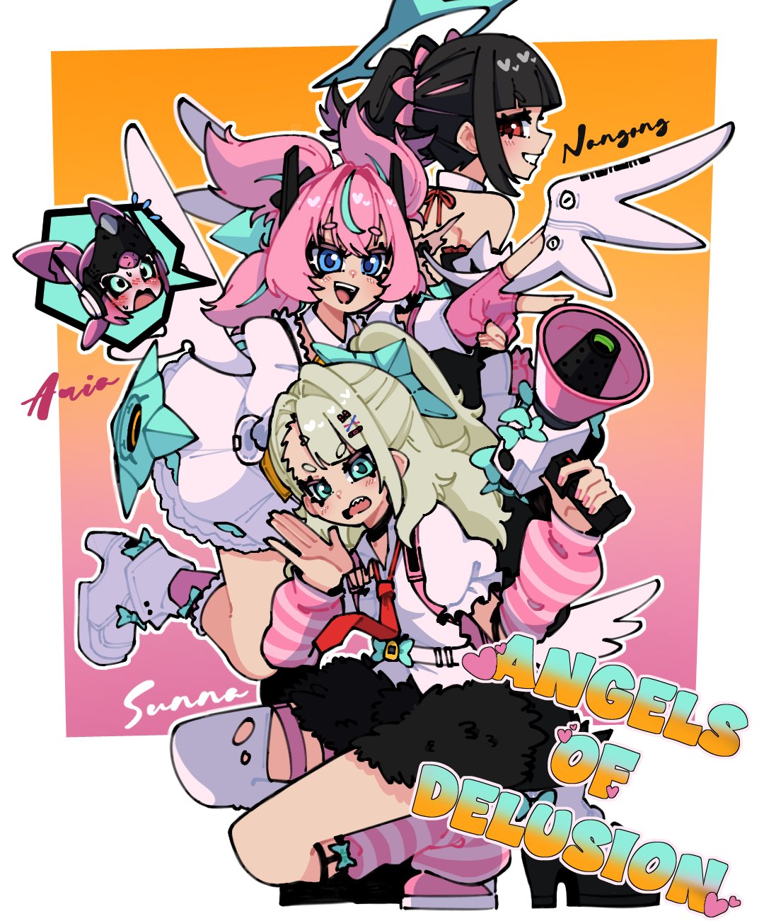 3girls, angels_of_delusion, aqua_eyes, aqua_halo, aqua_streaks, aria_(human)_(zenless_zone_zero), aria_(robot)_(zenless_zone_zero), aria_(zenless_zone_zero)