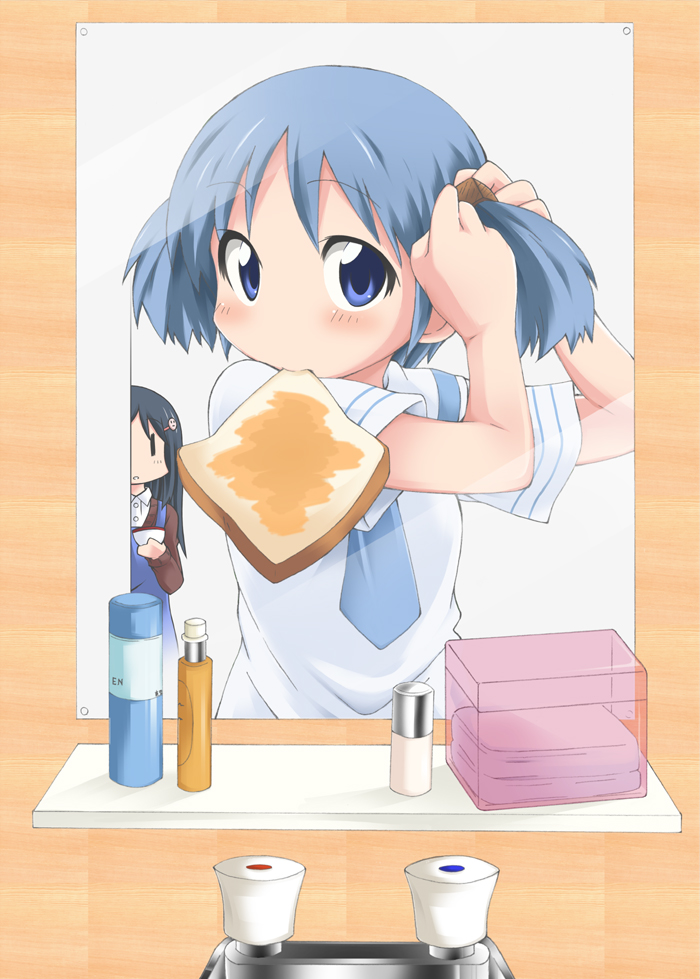 black_hair, blue_eyes, blue_hair, hair_cubes, hair_ornament, hazuki_haru, long_hair, mirror