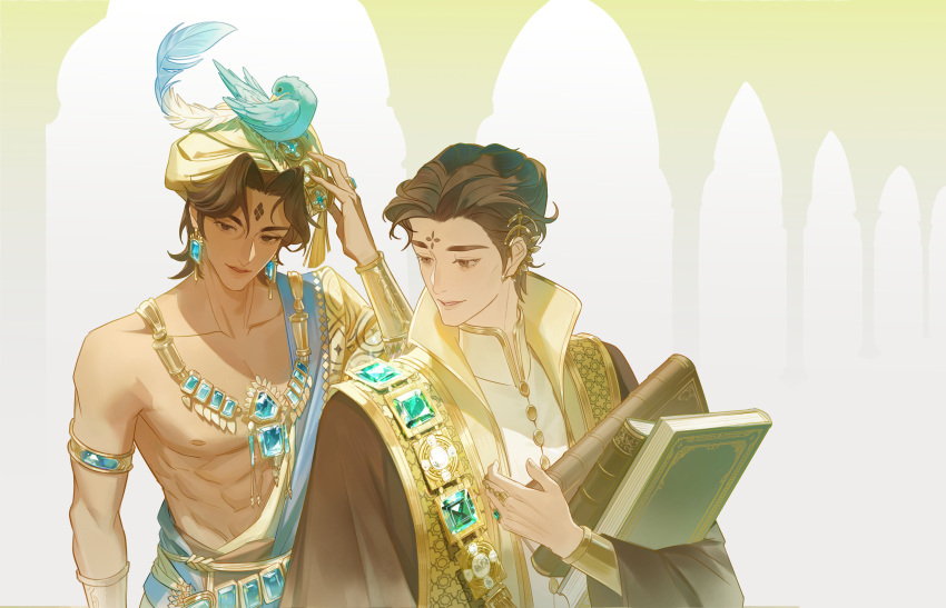 1784632701, 2boys, absurdres, arzu_(sultan's_game), book, closed_mouth, commentary_request, earrings