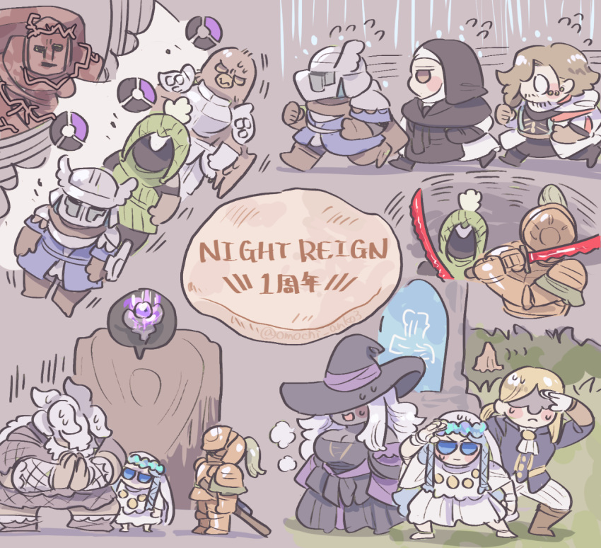 4girls, 6+boys, animal_head, anniversary, apologizing, armor, ascot, beak