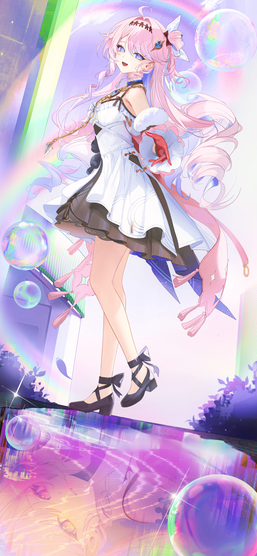 1girl, absurdres, ahoge, bare_shoulders, black_shoes, black_skirt, blue_eyes, breasts