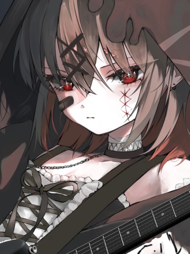 bandaid, bandaid_on_face, bare_shoulders, chain, choker, colored_inner_hair, cross-laced_clothes, cross-laced_dress