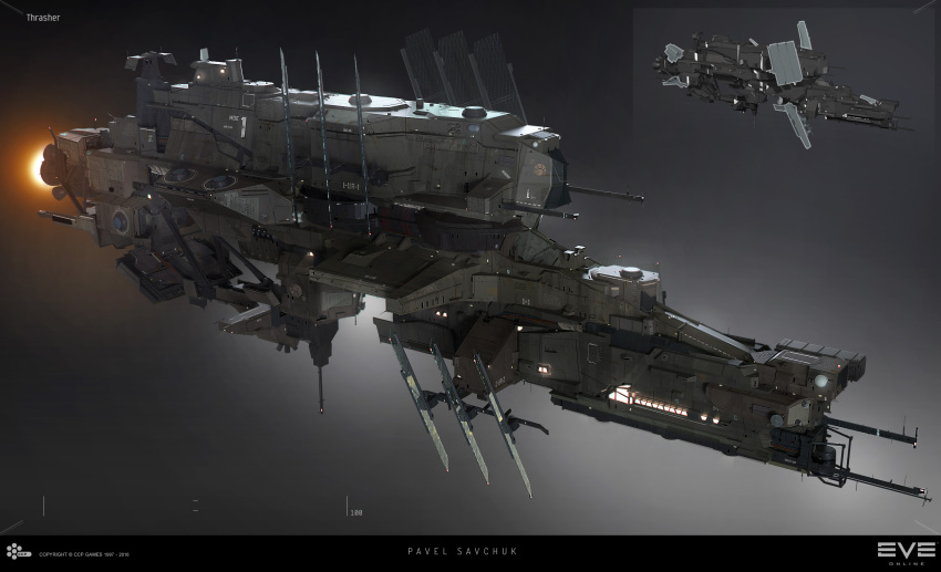 3d, attack_ship_(eve_online), boundless_creation_(eve_online), cable, commentary, company_logo, company_name, copyright_logo