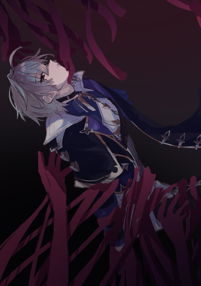 1boy, ahoge, armor, belt, belt_collar, black_belt, black_gloves, blue_shirt