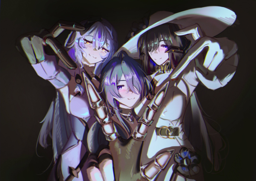 3girls, :3, absurdres, acheron_(honkai:_star_rail), bare_shoulders, belt, black_background, black_belt