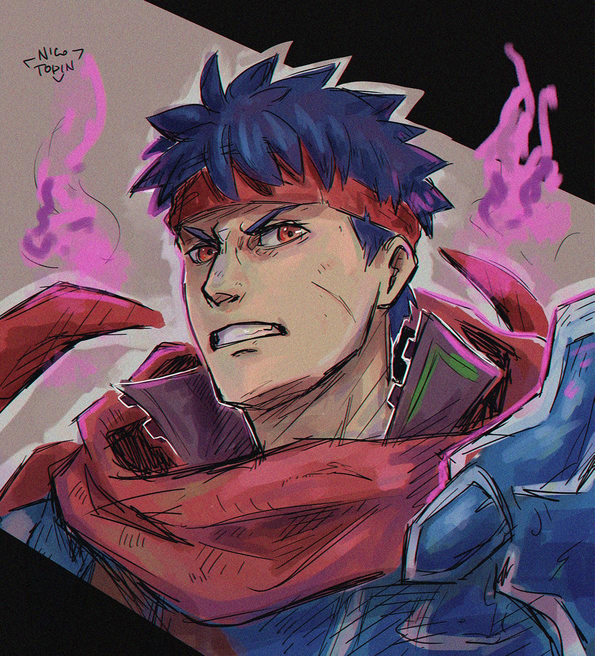 1boy, aura, blue_hair, clenched_teeth, commentary, dark_aura, dark_persona, english_commentary