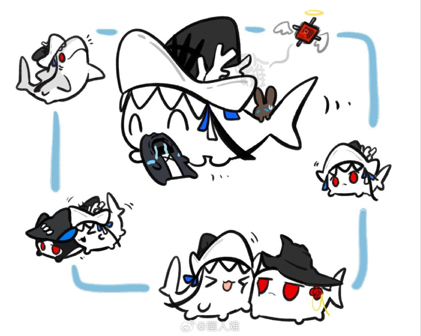 >_<, 1other, 4girls, amiya_(arknights), animalization, arknights, chibi, chinese_commentary, commentary_request, doctor_(arknights), dragon_bean_(arknights), gladiia_(arknights), hua_ren_nan, multiple_girls, orundum_(arknights), rabbit, shark, skadi_(arknights), specter_(arknights), specter_the_unchained_(arknights), tears