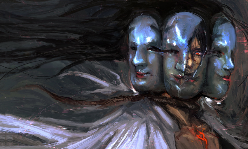 1boy, 1other, absurdres, black_hair, broken_mask, cape, chest_tattoo, choujin_x, cracked_mask, glowing, glowing_tattoo, highres, kyezzzz, long_hair, mask, multiple_heads, noh_mask, noh_mask_(choujin_x), noose_necktie, nue_(choujin_x), red_eyes, red_lips, stitched_face, stitches, tattoo, topless_male, white_cape