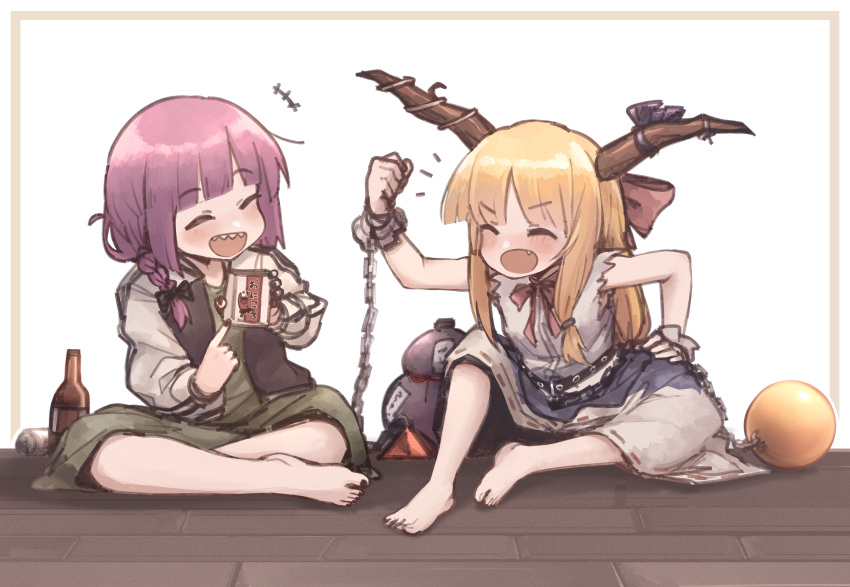 +++, 2girls, absurdres, alcohol_carton, ball_and_chain_restraint, barefoot, black_jacket, black_nails
