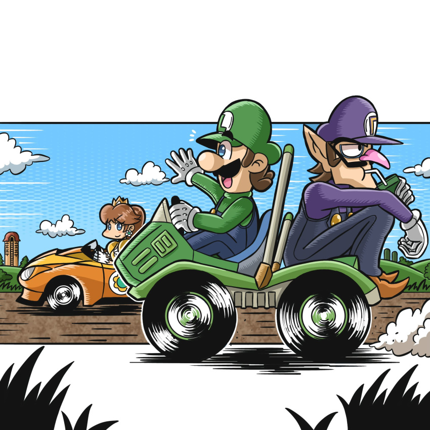 1girl, 2boys, 7thgear, blue_eyes, blue_overalls, brooch, brown_hair, car