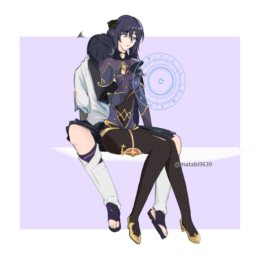 1boy, 1girl, arm_at_side, asymmetrical_bangs, black_bodysuit, black_bow, black_choker, black_sandals