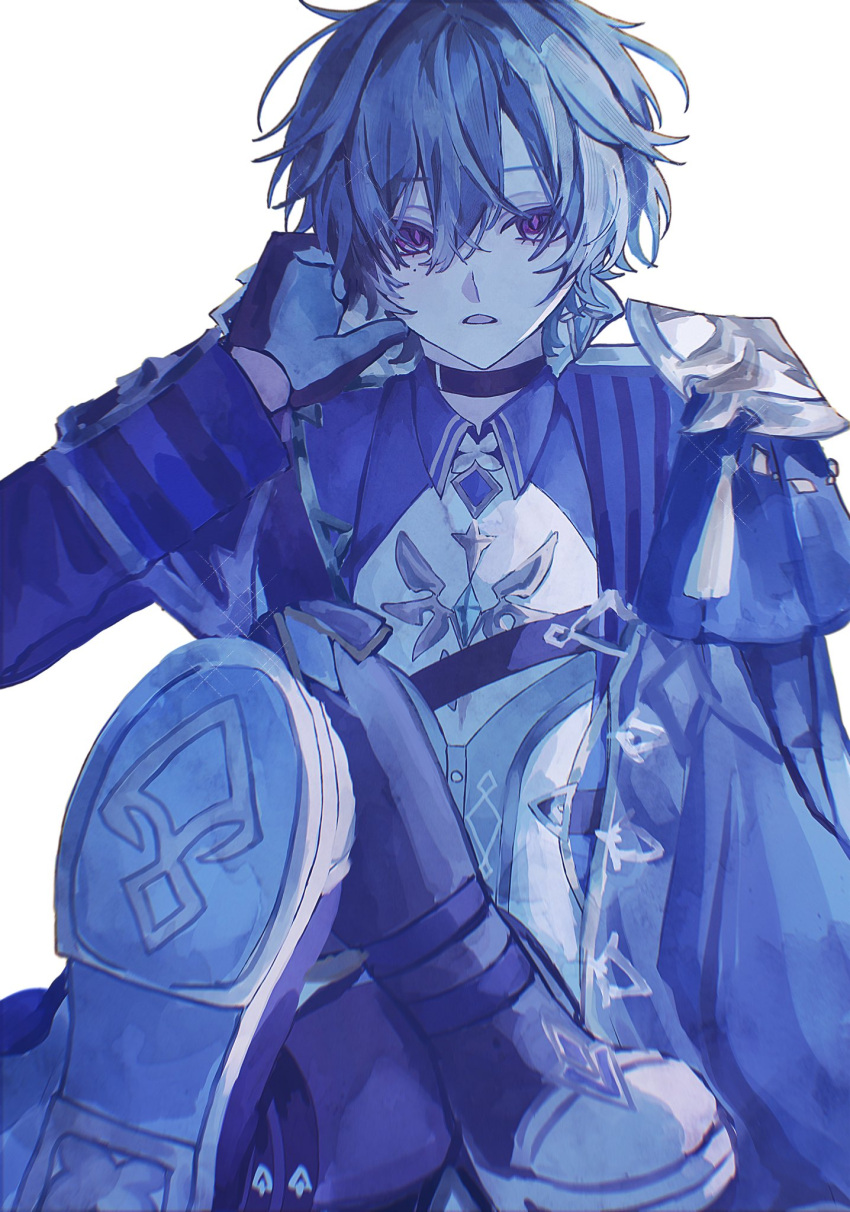 1boy, armor, belt, belt_collar, black_belt, black_boots, black_gloves, blue_gloves