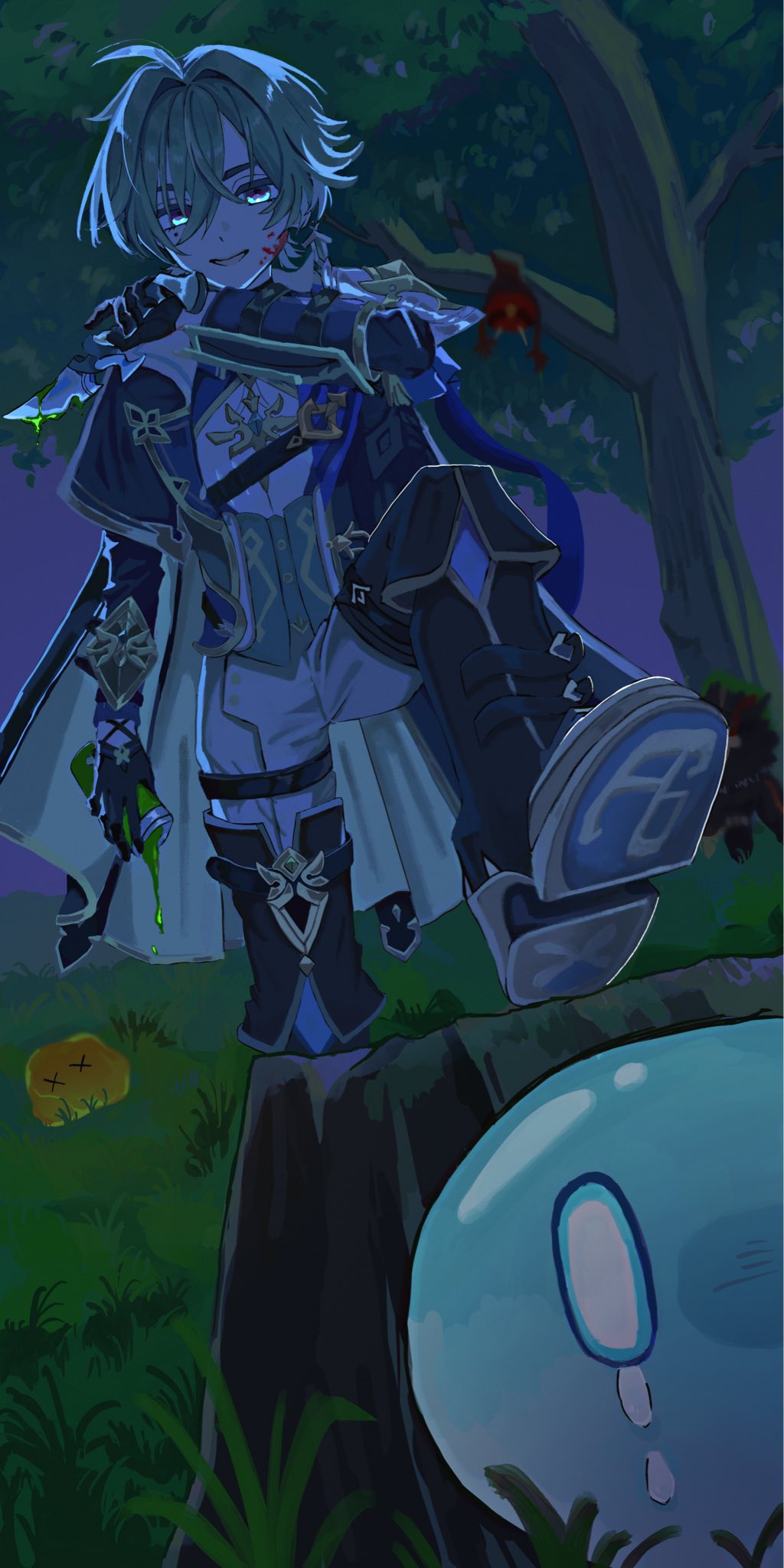 1boy, ahoge, armor, belt, belt_collar, black_belt, black_boots, black_gloves