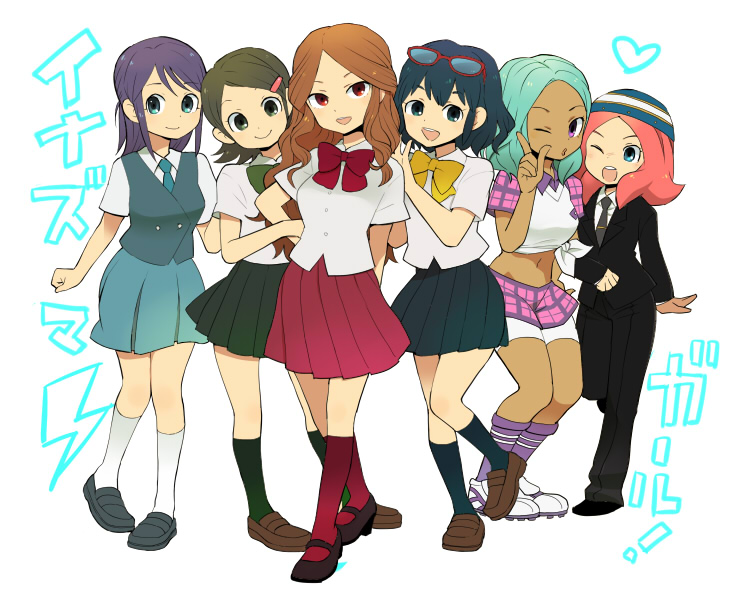 bike_shorts, blue_eyes, blue_hair, brown_hair, cleats, footwear, glasses, glasses_on_head, green_eyes, green_hair, hat, inazuma_eleven, inazuma_eleven_(series), kino_aki, kneehighs, kudou_fuyuka, lightning_bolt, mago, midriff, multiple_girls, navel, oosaka_gals, open_mouth, otonashi_haruna, pink_hair, purple_eyes, raimon_natsumi, school_uniform, shoes, short_hair, smile, soccer_uniform, socks, tuxedo, urabe_rika, violet_eyes, white_background, wink, zaizen_touko