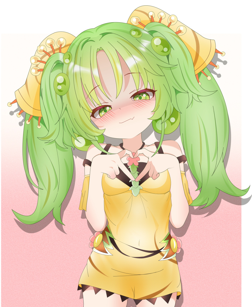 1girl, absurdres, blush, closed_mouth, dress, duel_monster, elite_yokan, four-finger_heart_hands