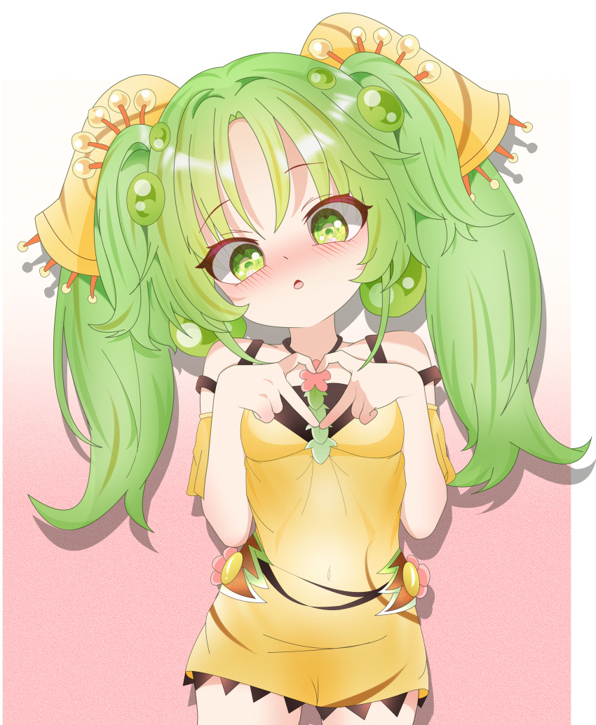 1girl, absurdres, blush, dress, duel_monster, elite_yokan, four-finger_heart_hands, green_eyes